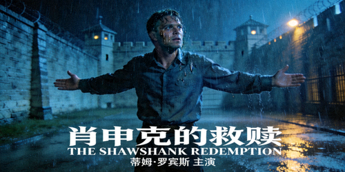 电影《肖申克的救赎》经典海报，蒂姆·罗宾斯在雨中张开双臂